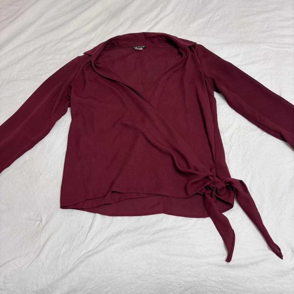 VENUS Sz 6 Wrap Long Sleeve Women's Burgundy Collared Work Office Red Top Blouse